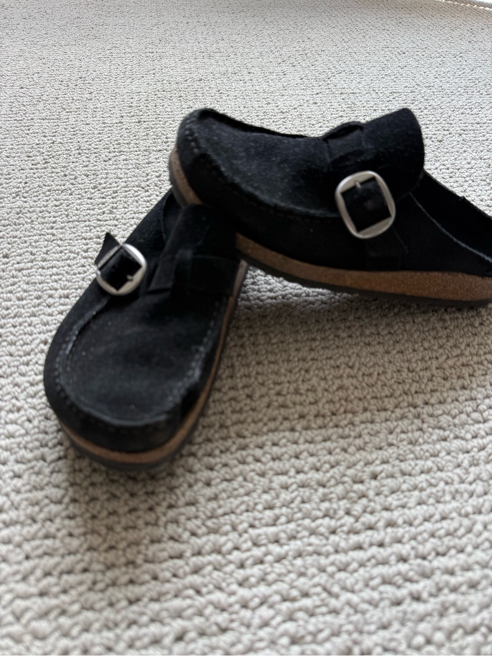 Birkenstock Black Suede Moccasin Clog with Buckle